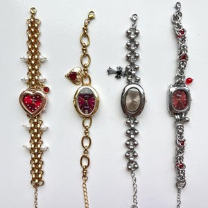 Handmade Women&#39;s Gold Watch Bracelet, Elegant Minimalist Silver Pearl Watch,Y2K Charm Watch,Red Heart Dial Wristwatch,Wedding Jewelry Gift