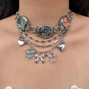 Y2K Three-Color Watch Choker Necklace, Cute Bear Pendant, Silver Heart, Bow Charm Layered Necklace, Y2K Clock Choker,Cute Watch Jewelry Gift