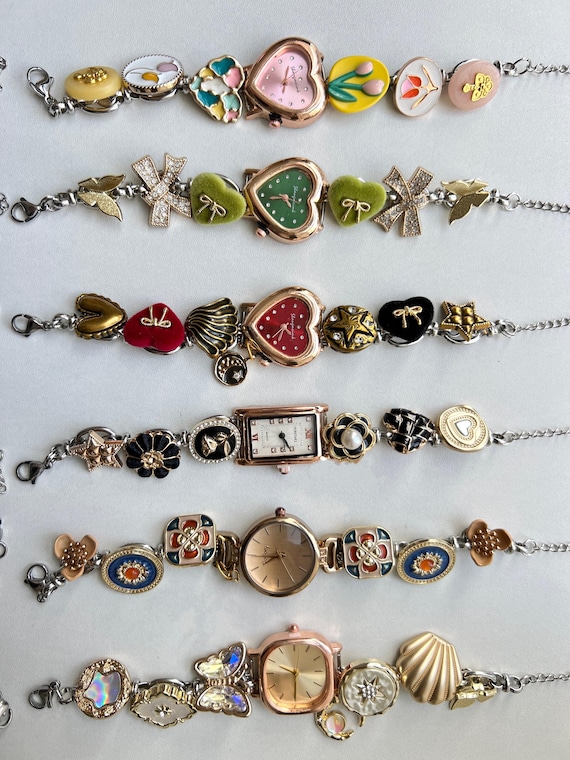 Vintage Multi-charm Watch Bracelet, Gold Watch Bracelet