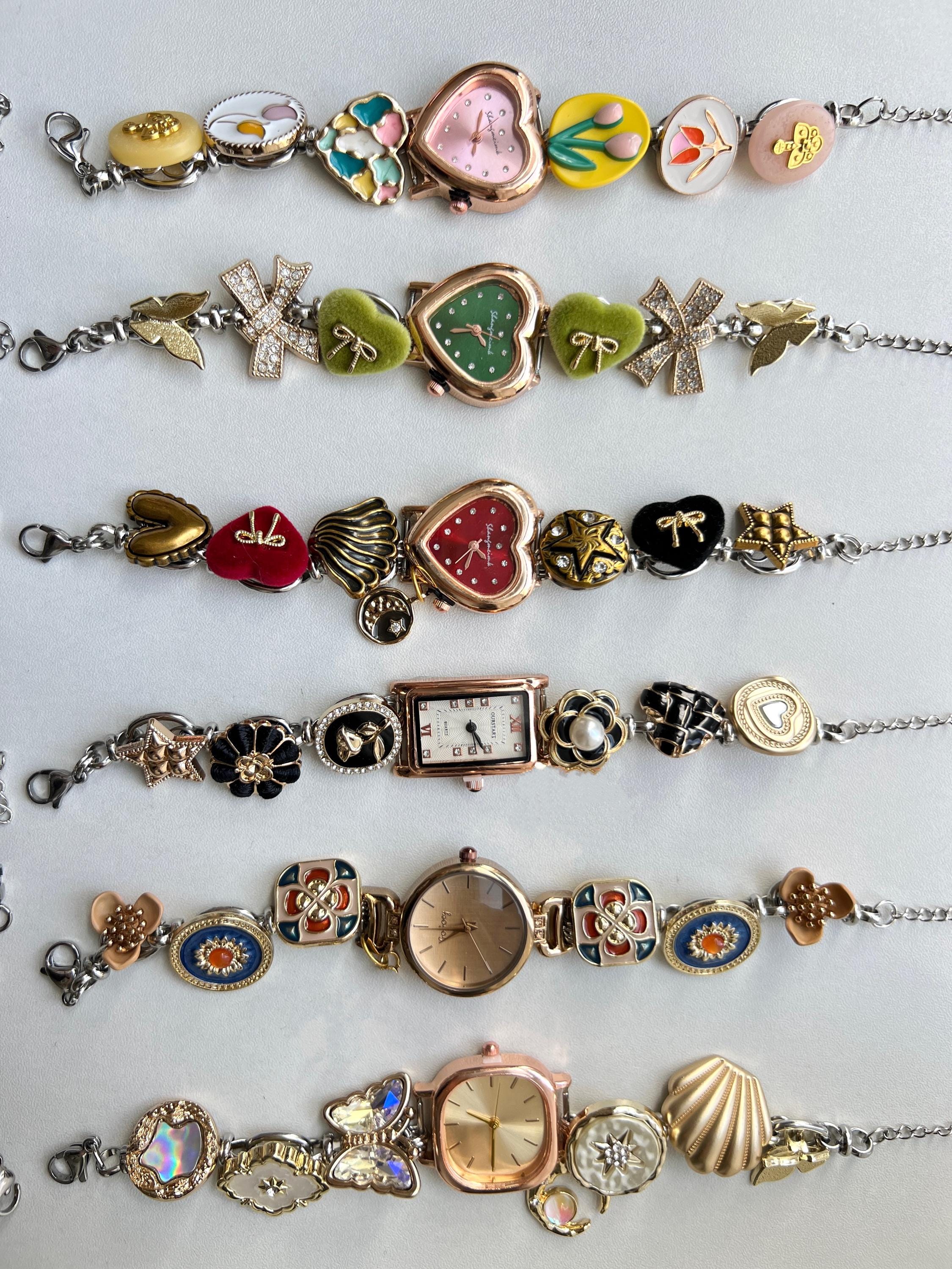 Vintage Multi-charm Watch Bracelet, Gold Watch Bracelet 