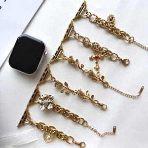 Elegant Gold Flower Charm Apple Watch Band,Gothic Red Cross & Gold Heart Smart Watch Strap,Y2K Gold Bracelet Watch Band Jewelry Gift for Her