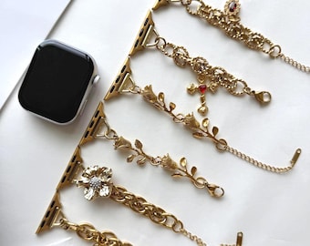 Elegant Gold Flower Charm Apple Watch Band,Gothic Red Cross & Gold Heart Smart Watch Strap,Y2K Gold Bracelet Watch Band Jewelry Gift for Her