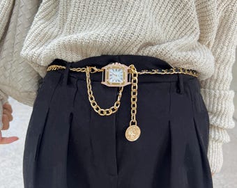 Punk gold watch belt,layered pants chain, gold chain belt, clock waist chain, statement belt, Y2K pants jewelry, golden watch accessory gift