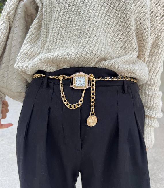 Punk Gold Watch Belt,layered Pants Chain, Gold Chain Belt, Clock