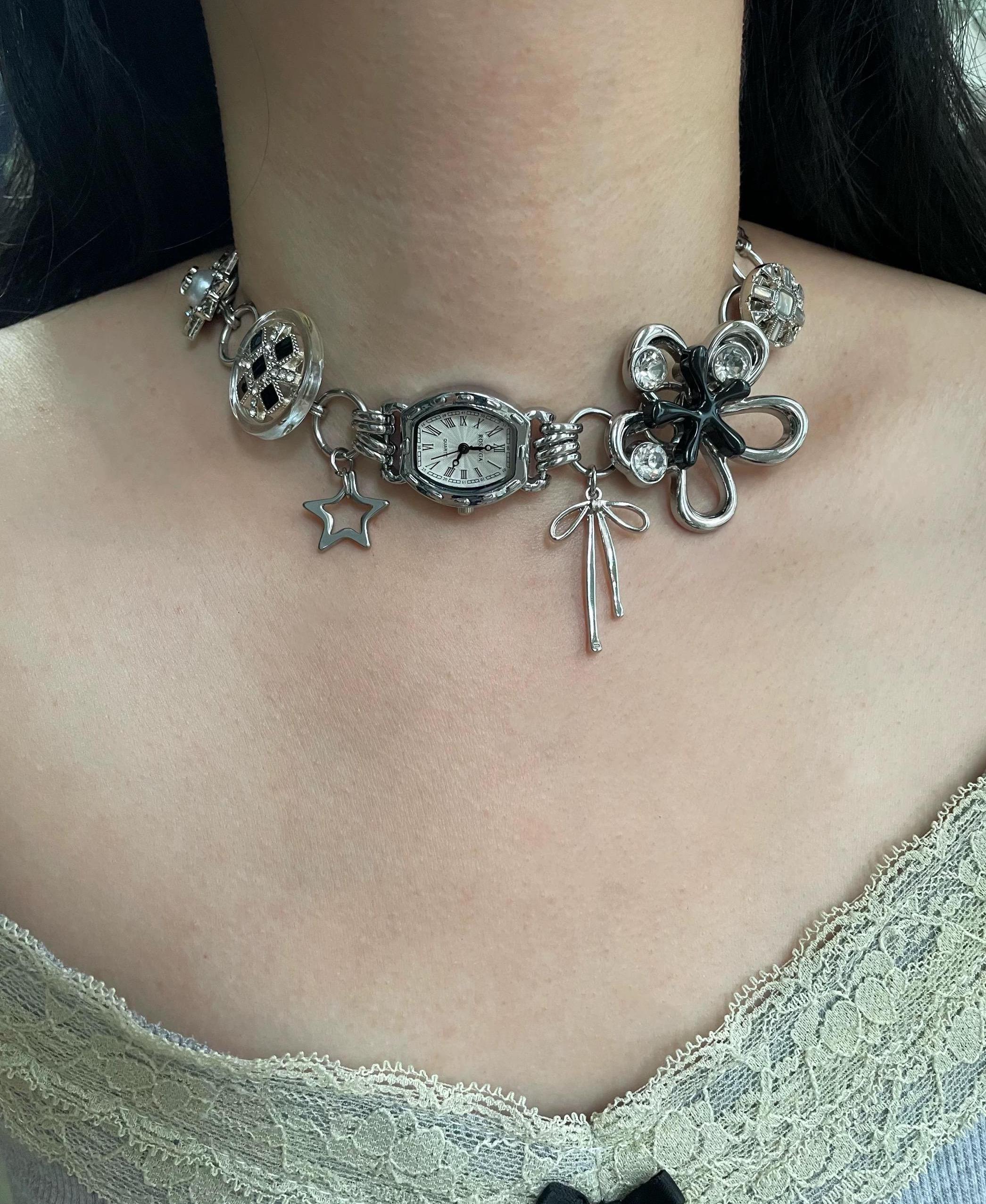 Y2K Vintage Court Silver Watch Choker Necklace, With Bow and Star
