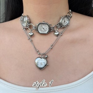 Vintage Silber Uhr Choker Halskette, Y2K Uhr Choker, Herz Uhr Halskette, Punk Herz Charm Silber Kette Choker, Grunge Uhr Jewerly Geschenk