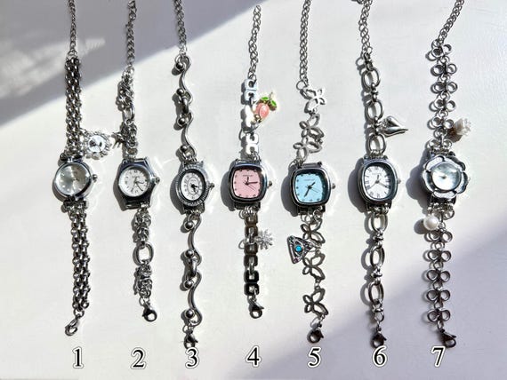 Elegant colorful dial silver wrist watch, Y2K charm silver watch bracelet,cute pink clock bracelet, wedding watch jewelry,pearl watch gift