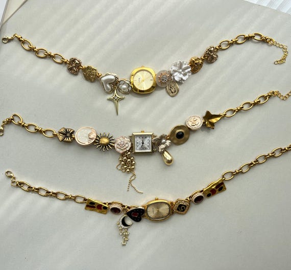 Vintage charm gold watch choker necklace,star flower charm necklace, elegant women watch necklace,Y2K gold watch,wedding watch jewelry gift