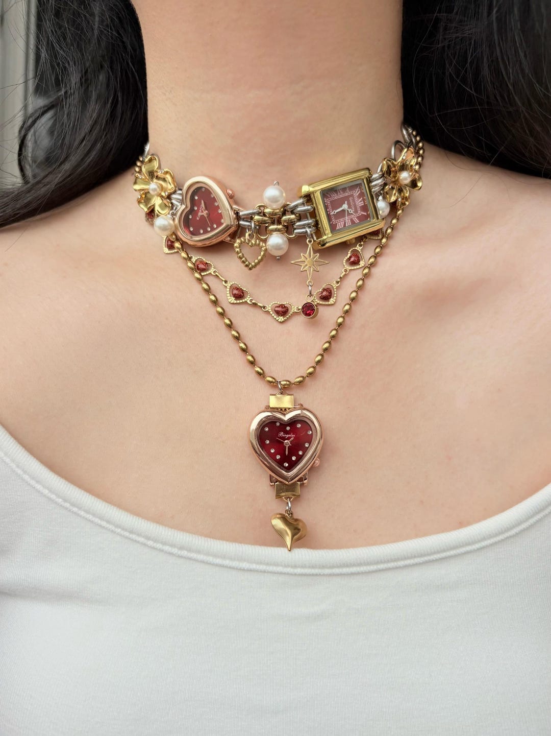 ☆【VINTAGE HOLLYWOOD】☆Kitsch Star Ring Chain Necklac.e☆ Vintage Pearl Watch Choker,red Heart Watch Necklace,red