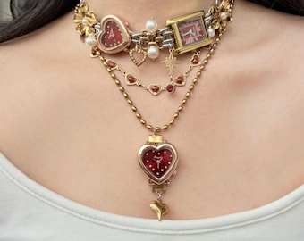 Vintage charm gold watch choker necklace,star flower charm necklace, elegant women watch necklace,Y2K gold watch,wedding watch jewelry gift