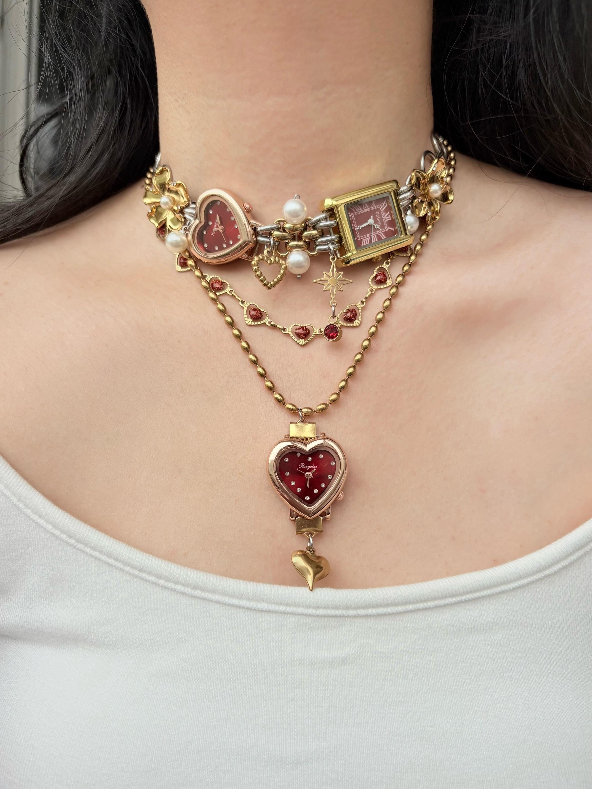 Vintage Pearl Watch Choker,red Heart Watch Necklace,red