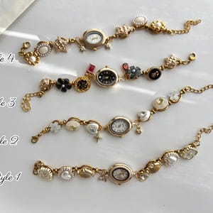 Vintage gemstone watch bracelet,elegant charm wrist watch,woman&#39;s gold watch gift,pearl watch jewelry,gold watch choker,Y2K charm bracelet