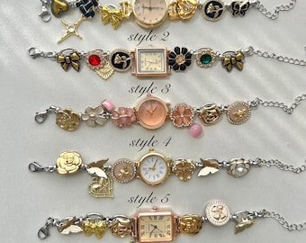 Vintage gemstone watch bracelet, colorful charm bracelet,elegant women wrist watch,Y2K pink watch,unique wedding anniversary gold watch gift
