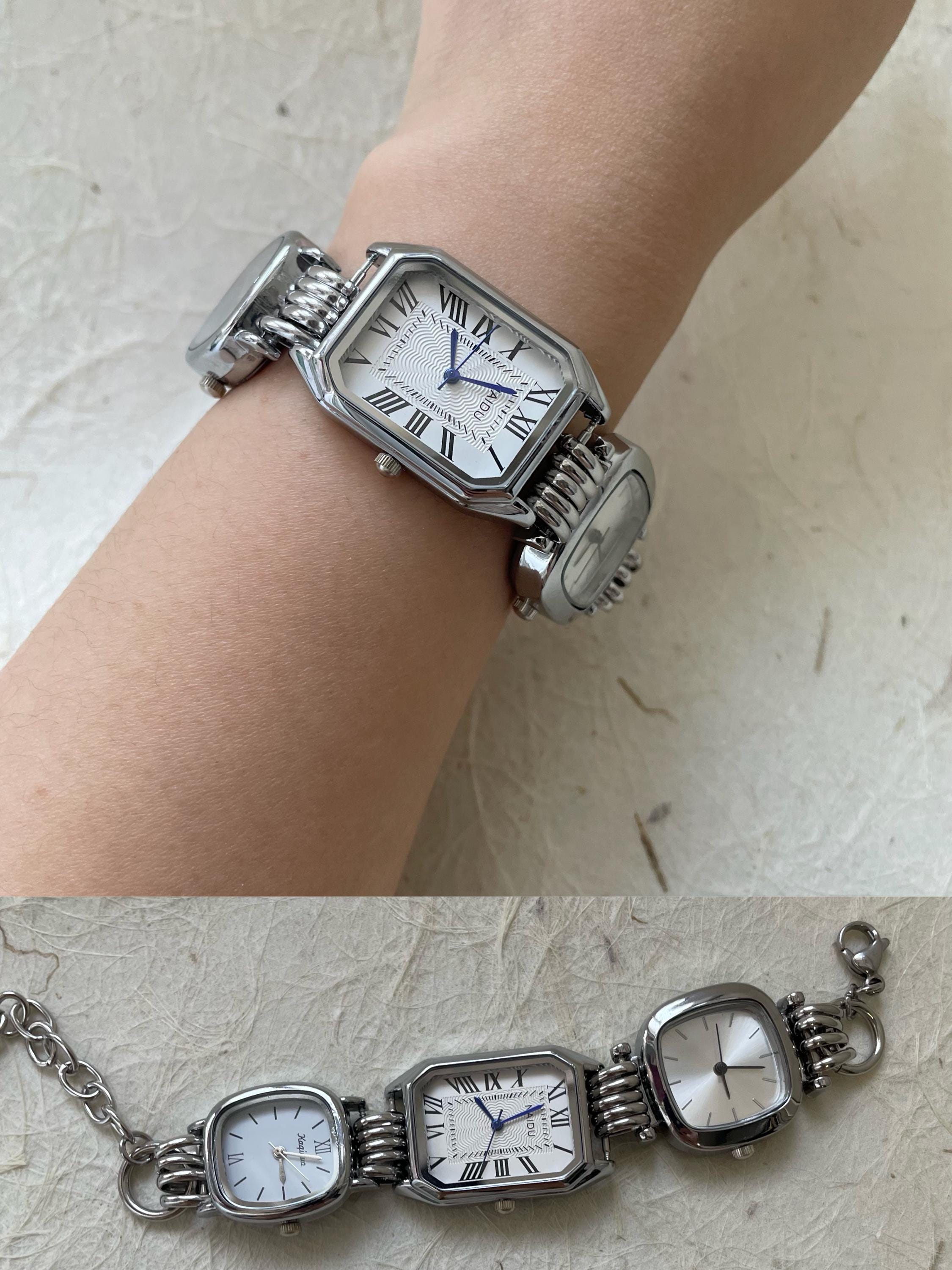 Vintage Punk 3 Watches Bracelet, Multi Watch Bracelet, Y2K Silver 