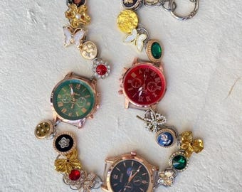 Vintage Red and Green Button Watch Bag Strap,Clock Purses Strap,Grunge Black Watch Bag Chain,Watch Purse Strap,Cute Watch Handbag Chain Gift