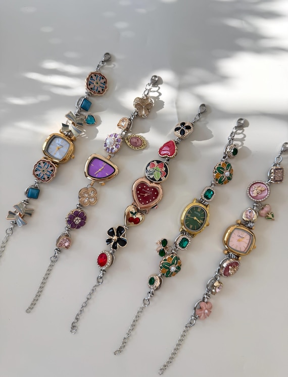 Vintage Multi-Charm Watch Bracelet,Colorful Watch Jewelry,Y2K Gold Wrist Watch,Elegant Gemstone Watch,Red Heart Watch,Wedding Watch Jewelry