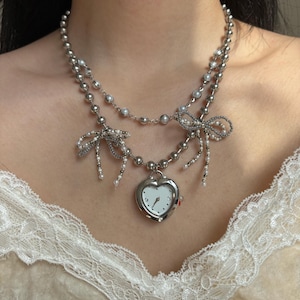 Elegant silver heart watch necklace,layered pearl beaded necklace,vintage heart watch pendant jewelry,Y2K cute bow charm necklace gift