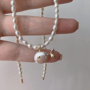 Freshwater Small Fish,Whale Pendant Baroque Necklace,  14K Gold , Sterling Silver Chain, Pearl Chain, Sterling Silver Bead Chain Necklace