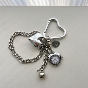 Silver heart watch keychain, heart watch bag accessory, heart hook keychain, silver chain keyring,Y2K clock bag accessory, cute gift for her