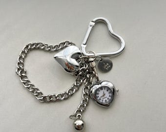 ヴィンテージシルバー時計ハートペンダントキーホルダー、時計