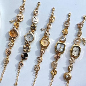 Handmade Vintage Gold Watch Bracelet,Elegant Gold Charm Bracelet,White Flower Charms,Pearl Wrist Watch,Y2K Charm Watch,Jewelry Gift For Her