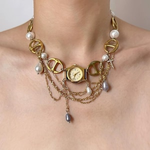 Vintage punk gold watch choker necklace, cross charm choker, elegant pearl watch choker,artistic vintage style,Trend Clutter Cool Necklace