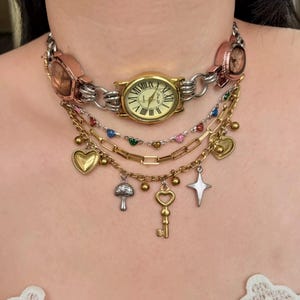 Vintage Gold Watch Choker Necklace,Gold Chain Choker,Heart Charm Layered Necklace,Y2K Clock Necklace,Heart Quartz Watch Jewelry,Unique Watch