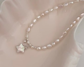 Delicate Sterling Silver Baroque Pearl Necklace with Star Charm,Unique Elegant Fashion Accessory