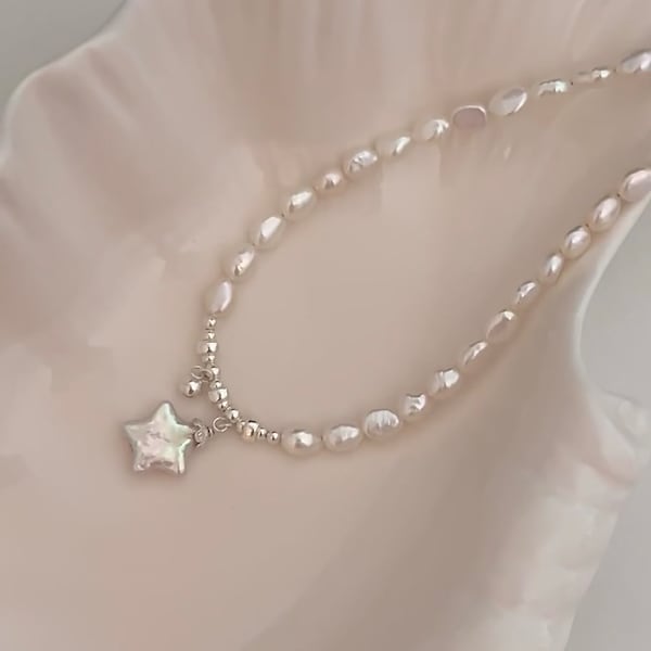 Empfindliche Sterlingsilber-Barockperlen-Halskette mit Sternanhänger, einzigartiges elegantes Mode-Accessoire
