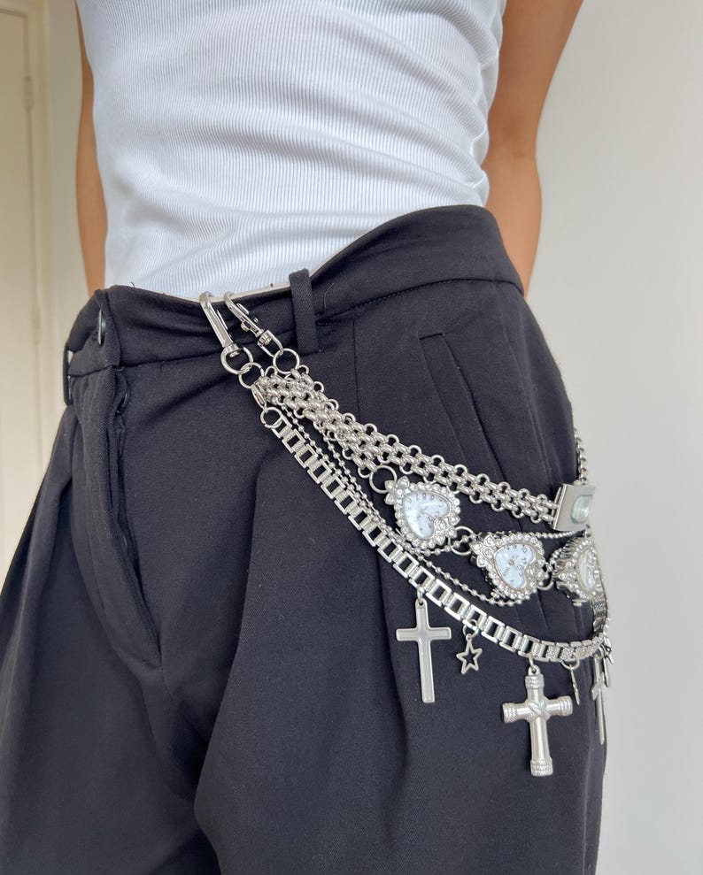 Punk Silver Watch Layered Pants Chain,Grunge Silver Chain Pants Accessory,Gothic Cross Pants Chain,Chunky Chain Belt,Y2K Watch Waist Jewelry A set