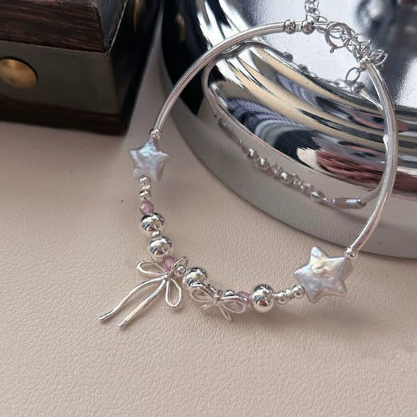 Natural Baroque Star Sterling Silver Bracelet,Heart Bow Charm Barcelet, Pink Heart Cubic Zirconia Bracelet,Wedding Jewelry,Star Pearl Gift