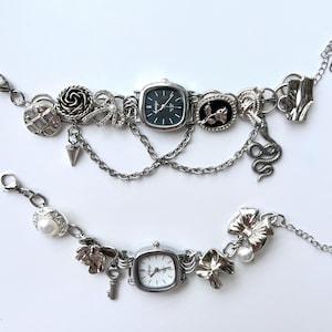 Vintage black watch choker&bracelet jewelry set, silver watch multi-chram button bracelet, silver chain choker, y2k clock beaded bracelet