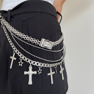 Punk Silver Watch Layered Pants Chain,Grunge Silver Chain Pants Accessory,Gothic Cross Pants Chain,Chunky Chain Belt,Y2K Watch Waist Jewelry cross watch chain