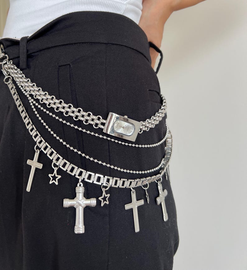 Punk Silver Watch Layered Pants Chain,Grunge Silver Chain Pants Accessory,Gothic Cross Pants Chain,Chunky Chain Belt,Y2K Watch Waist Jewelry cross watch chain