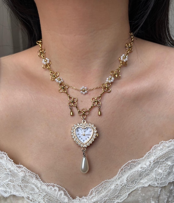 Vintage Gold Watch Necklace, Gold Flower Chain Necklace,Flower Pearl Jewelry,Layered Pearl Necklace Set, Retro Watch Christmas Gift for Her