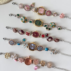 Handmade colorful gemstone watch bracelet,Y2K charm bracelet,vintage wrist watch for her,colorful watch jewelry,gold watch christmas gift