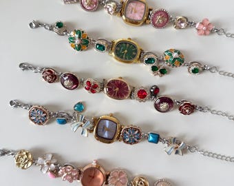 Pulsera de reloj de piedras preciosas de colores hecha a mano, pulsera con dijes Y2K, reloj de pulsera vintage para ella, joyería de reloj de colores, reloj de oro, regalo de Navidad