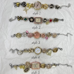 Handmade vintage watch bracelet, button charm bracelet, elegant women wrist watch,Y2K pink watch,unique wedding anniversary gold watch gift