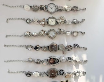 Vintage Black&White Watch Bracelet,Silver Pearl Wrist Watch,Y2K Heart Charm Watch,Unique Watch Dial,Elegant Gemstone Watch,Trendy Bracelet