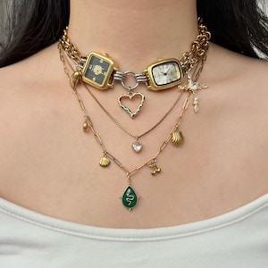 Vintage Punk Gold Watch Choker Necklace,Cross Chram Layered Necklace, Gold Chain Choker, Heart Charm Necklace,Y2K Clock Necklace Gift