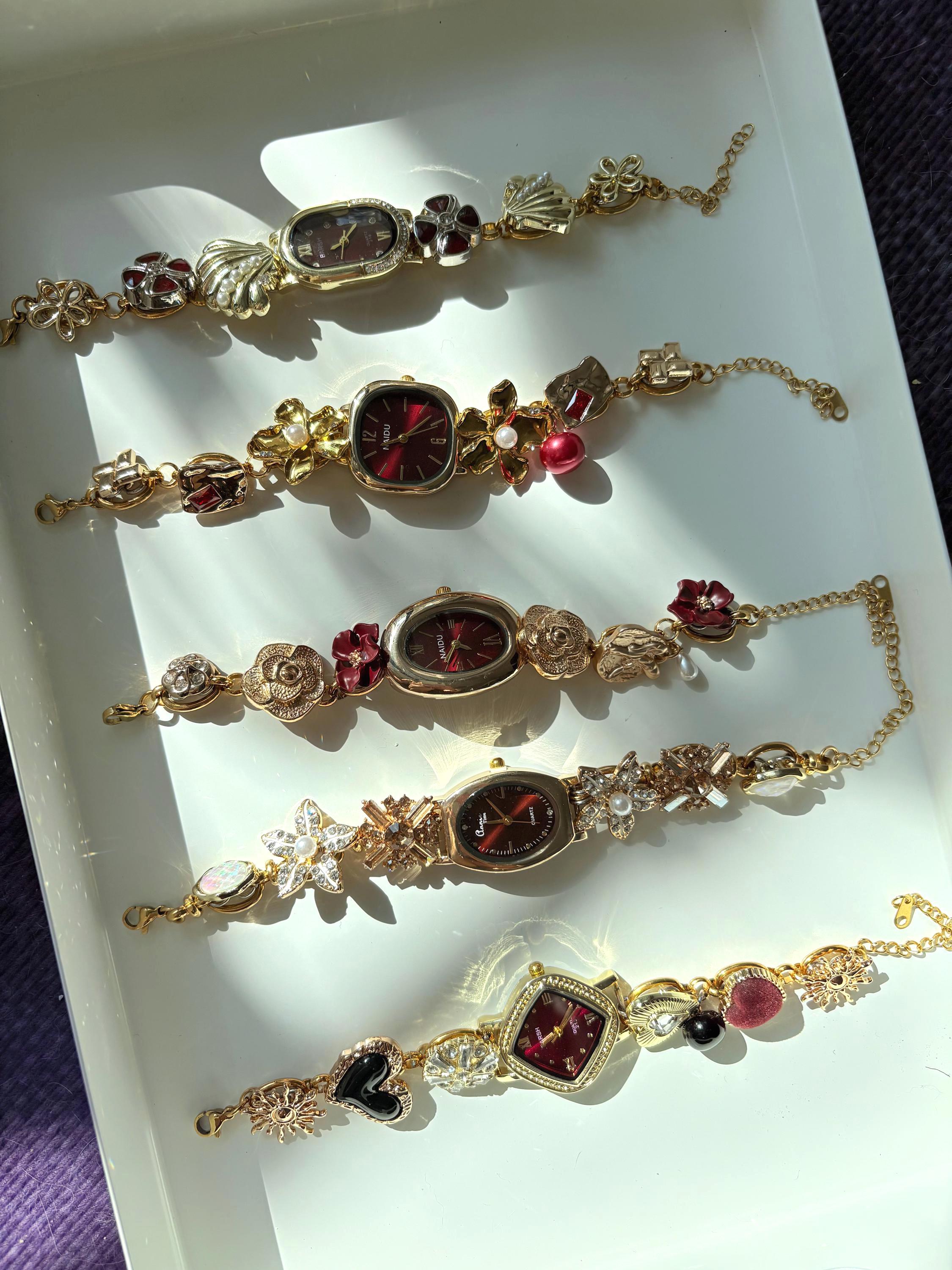 Vintage Red Watch Dial Bracelet,gothic Gold Wrist Watch,y2k 