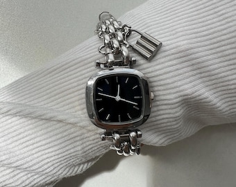 Minimalist Black Dial Silver Wrist Watch,y2k Charm Silver  display picture 2