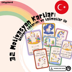 May include: A set of 32 unicorn-themed motivational cards with instructions. Each card features a colorful unicorn illustration and a positive affirmation in Turkish. The design includes a rainbow and the Turkish flag.