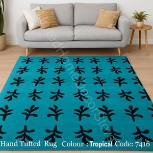 Abstract Teal Wool Rug: Hand-Tufted Modern Organic Accent