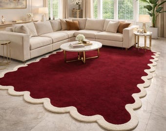 Handmade Deep Red Scalloped Rug, Plush Tufted Wool Blend Carpet