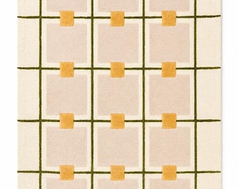 Hand Tufted Wool Rug, Geometric Grid Modern Area Carpet, Beige Mustard Sage Cream