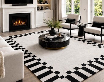 Handgefertigter Schwarz Weißer Geometrischer Teppich, Moderner Karierter Bordürenteppich, Getufteter Wohnzimmerteppich