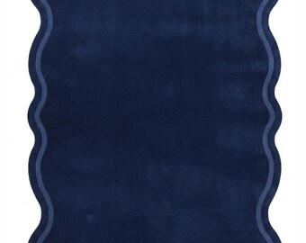 Navy Blue Hand Tufted Wool Rug, Scalloped Border, Modern Abstract Area Rug