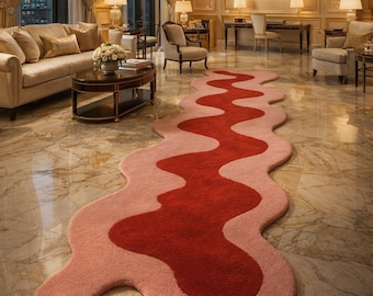 Hand-Tufted Wool Rug, Abstract Wavy Pink Red Statement Runner, Modern Designer Sculpted Contemporary