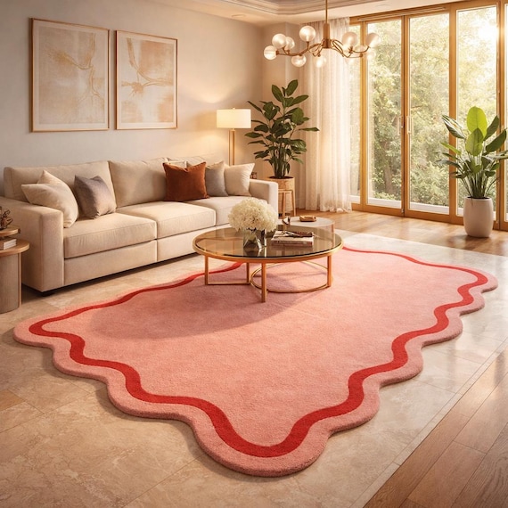 Handgetufteter Wollteppich in Rosa mit gewelltem Rand, moderner rosafarbener Teppich, minimalistische handgefertigte Dekoration
